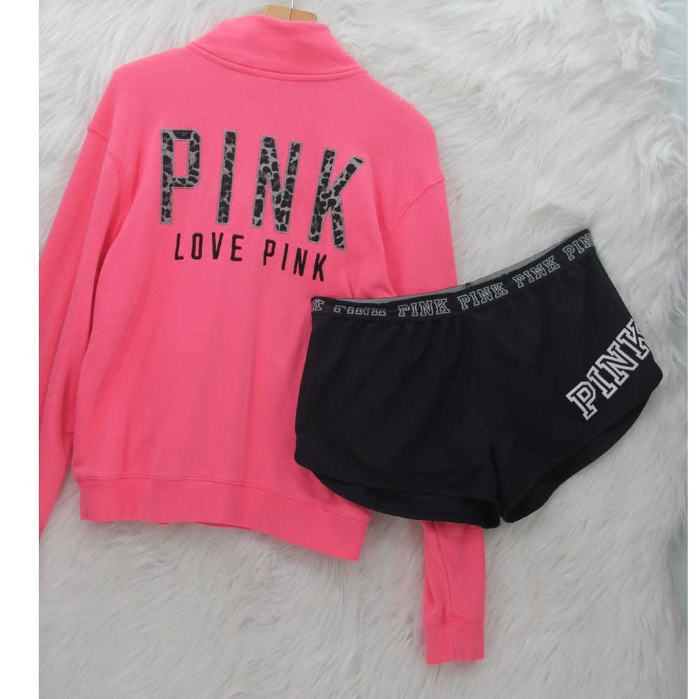 PINK Victoria's Secret Neon Pink Pullover with Black Logo Shorts
